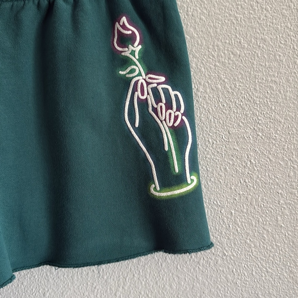 Green Spirit Jersey Shorts With Rose and Hand Design Size Medium - Picture 3 of 5